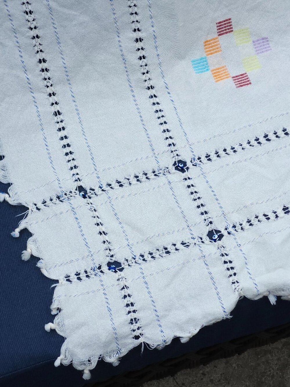 Handmade White Embroidered Evil Eye Style Throw Blanket Tassels